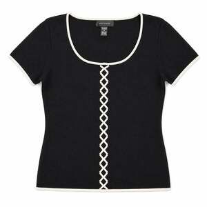 Pointelle Black Knit Top White Trim Lattice Lace Front Short Sleeve Women M NWOT